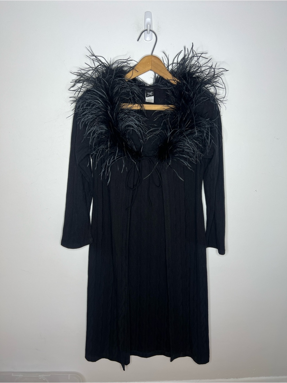 Yves Black Feather Trim Duster Cardigan Gothic Witchy Made USA